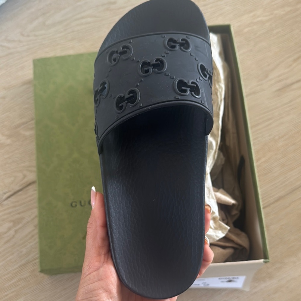 Gucci Black Embossed Logo Sandals